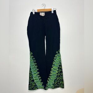 Black Flared Yoga Pants with Green Abstract Print